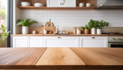 natural wood kitchen tabletop on minimalist background with blurred modern light kitchen perfect for product presentation and display mock up
