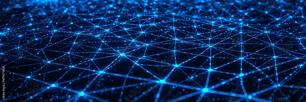 Poster abstract network connection structure with blue glowing dots and lines, representing the digital com