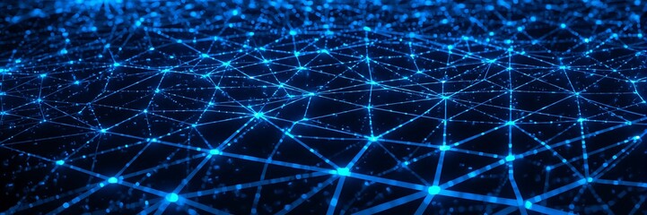 Abstract network connection structure with blue glowing dots and lines, representing the digital communication and technology of the future world