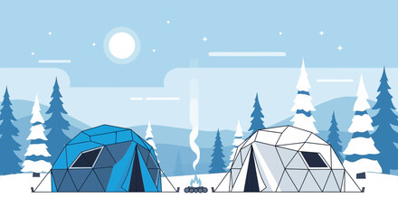 Tranquil Winter Camping Scene with Tents and Campfire in a Snowy Forest Landscape