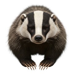 Fototapeta premium A close-up portrait of a badger, showcasing its distinctive striped face and powerful claws