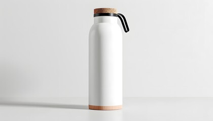 White Aluminum Water Bottle Mockup with Cork Top 