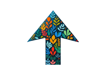 an upward arrow design made of colorful leaves, symbolizing direction, life and a sense of growth, and spring, elegant.