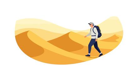 Traveler Trekking Through Desert Sand Dunes On Vacation With Backpack