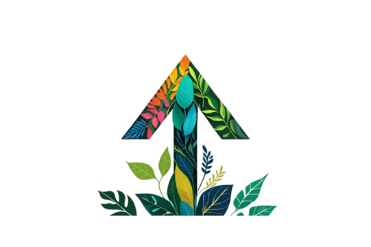 an arrow is formed from green leaves, showing direction, nature and growth, also depicting a clean and balanced artistic approach.