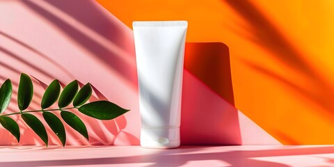 White Body Wash Bottle on Minimal Pink and Orange Arch Backdrop with Soft Sunlight and Green Leaves 