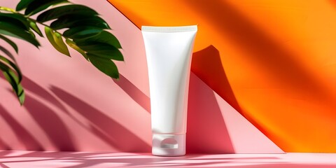 White Body Wash Bottle on Minimal Pink and Orange Arch Backdrop with Soft Sunlight and Green Leaves 