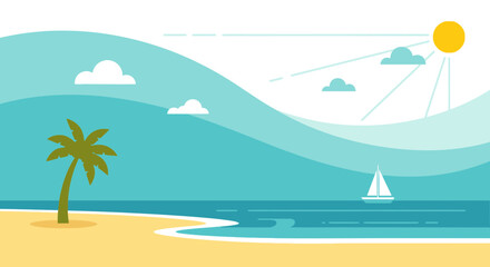 Obraz premium Tropical Beach Scene With Palm Tree Sailing Boat And Calm Ocean Waves