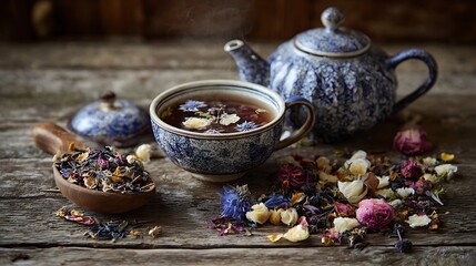 Aromatic herbal tea in a vintage china cup and teapot.