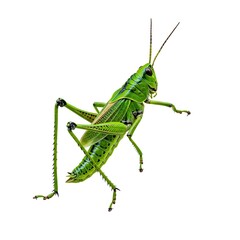 A vibrant green grasshopper isolated, showcasing its unique form and textures. Its delicate antennae and intricate legs, a testament to nature's beauty.