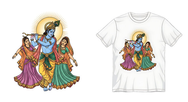 Krishna playing flute with radha and gopi for hindu deity graphic tee mockup
