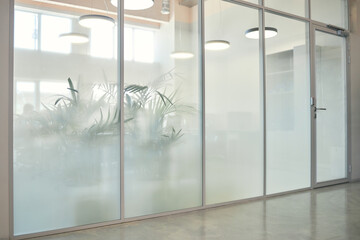 Modern office interior featuring frosted glass wall with large green plants visible behind glass, illuminated by round ceiling lights, empty workspace with closed door