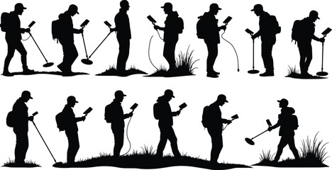 Silhouettes of people metal detecting in various poses with equipment
