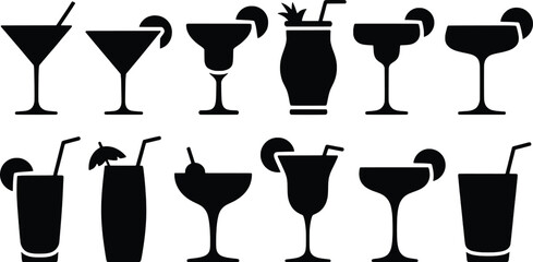 Collection of silhouetted cocktail glasses with garnishes