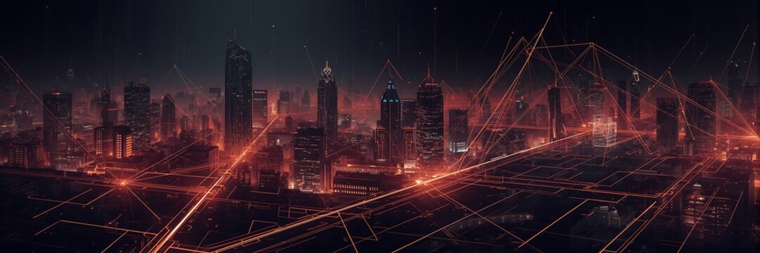 Futuristic cyberpunk city skyline at night with digital network connection, abstract technology and communication concept for modern urban landscape design - Powered by Adobe