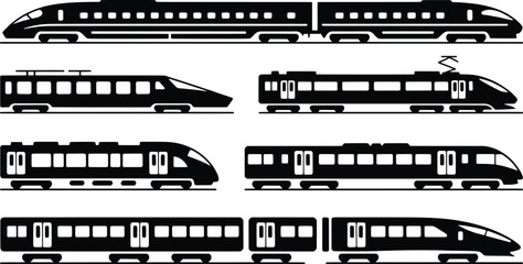 Collection of modern high speed train silhouettes on white background