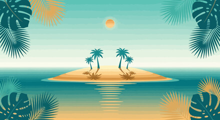 Obraz premium Tropical Paradise Serenity Island With Palm Trees And Ocean View Vector Illustration
