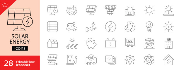 Solar Energy editable line icons set. Including solar panel, sun, renewable energy, electricity, battery, power generation, and eco-friendly system. Editable stroke. Vector illustration. Outline icons