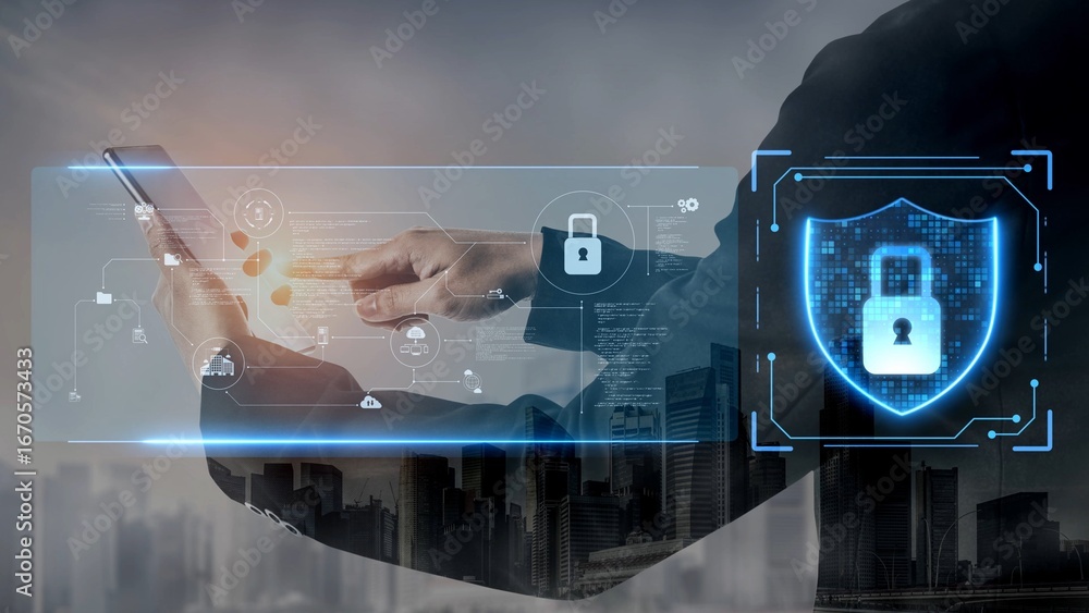 Poster cyber security protection and cyber security strategies against cyber threats, system hacks, digital