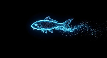 Mesmerizing digital koi fish swims through the darkness, evoking technology, data visualization, and innovation
