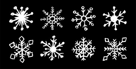 Christmas snowflake set with wax white crayon or charcoal texture. Quirky chalkboard style, perfect for kindergarten Xmas crafts, cards and holiday designs. Vector illustration drawn as if by a child