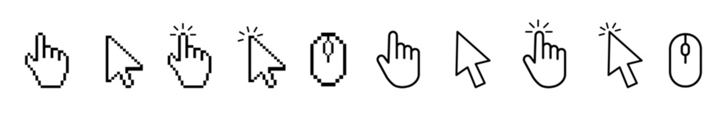 Computer Mouse Cursor Icon vector illustration set with arrow clicks, hand pointers, and loading animations for UI and web apps