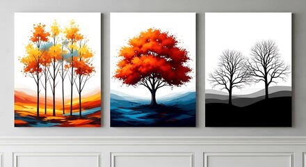 Vibrant tree artwork collection triptych set capturing autumnal hues and stark winter silhouettes