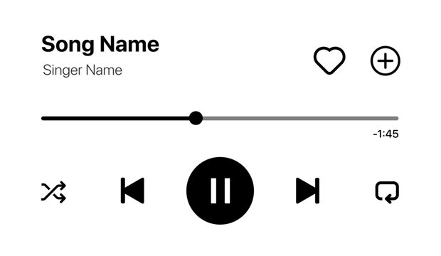 Music Player UI mockup vector illustration with playlist layout, album artwork, playback controls, search, library, podcast, and interactive streaming interface