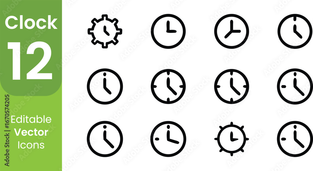 Poster collection of twelve simple black and white clock icons on a white background with green text indica