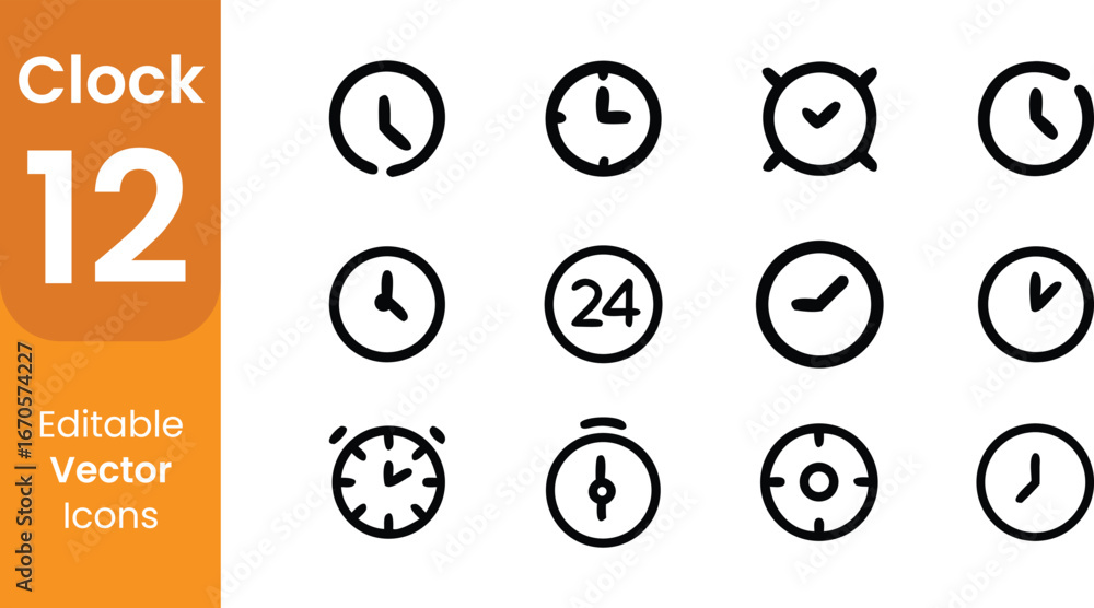 Fototapete collection of twelve simple black and white clock icons showing different times and styles on a whit