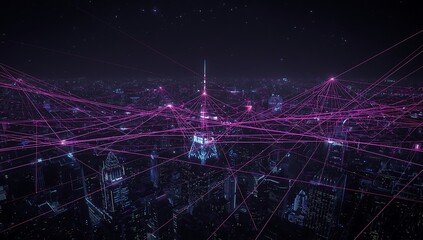Futuristic glowing cityscape at night with digital network and data connection, representing modern urban life and technological advancement