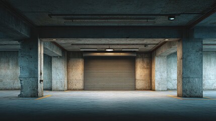Fototapeta premium Ultra quality image of industrial-style garage with roller door and empty space for parking.