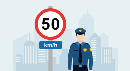 Traffic Law Enforcement By Officer Supervising Speed Limit Of Fifty Kilometers