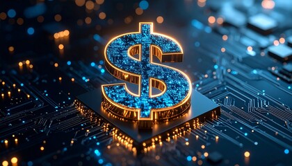 Digital dollar sign glowing on a futuristic circuit board background