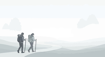 Obraz premium Two Hikers Embark On a Trail Adventure In a Monochrome Landscape Illustration