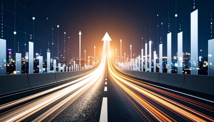 Plakat Road leading to success with city lights and upward arrow
