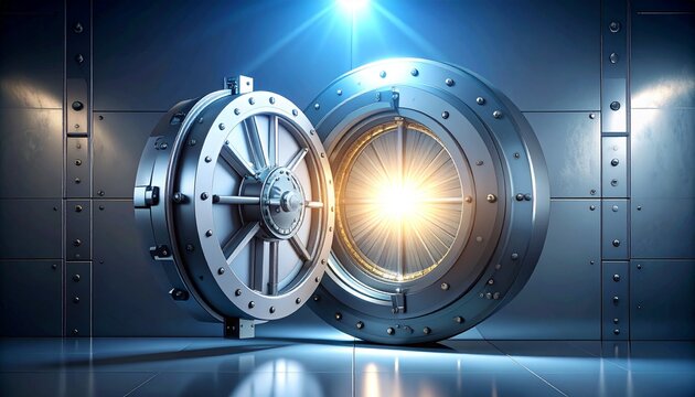 Open vault door with bright light emanating from within - Powered by Adobe