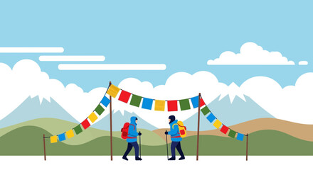 Two Hikers traversing the rugged Terrain of the Mountains under colorful prayer flags