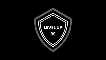 A white shield icon for showing gaming level up and showing 99 levels on a black background, simple and minimal video - Powered by Adobe