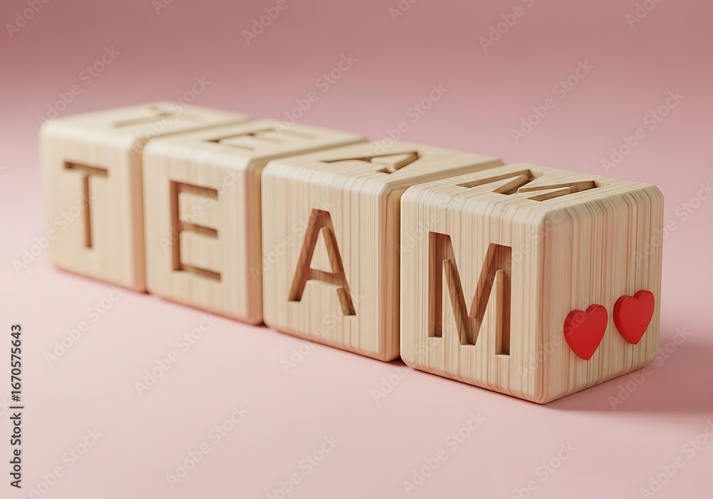 Poster wooden blocks spell out teamwork with hearts symbolizing unity and collaboration