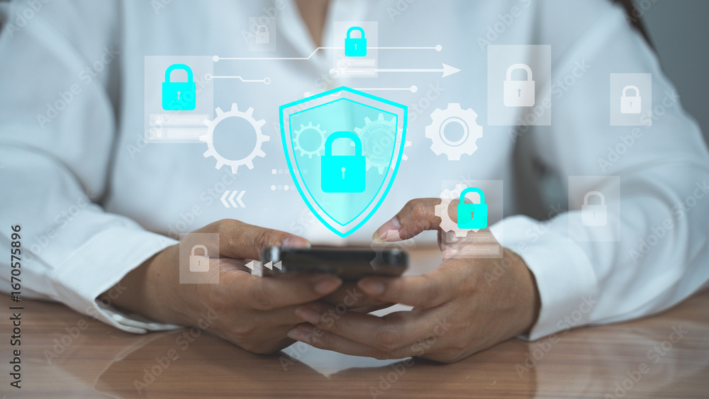 Poster people using a smartphone with virtual security icons overlay, representing mobile cybersecurity, da