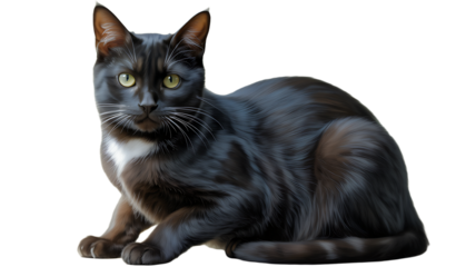 Black Cat in Position: An elegant black cat, with piercing green eyes and a patch of white on its chest, poses gracefully, captivating viewers with its sleek fur and confident demeanor.