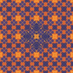 mosaic tile background,purple, orange curves and painted to create flowers shape,leaves with background in geometric patterns to as sarong,tile,printed fabric,batik,fabric,tablecloth patterns.