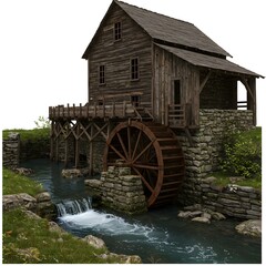 An old watermill standing beside a stream, a tranquil scene, and a journey into history 