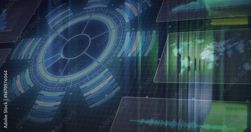 Poster dark grid showing rotating circular hud pulsing segments, panels sliding visualizing system data