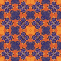 seamless damask pattern,purple, orange curves and painted to create flowers shape,leaves with background in geometric patterns to as sarong,tile,printed fabric,batik,fabric,tablecloth patterns.