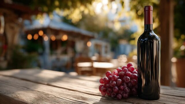 A cozy rustic table scene with a sunlit, unlabeled red wine bottle and dewy grapes on a natural wooden surface.
