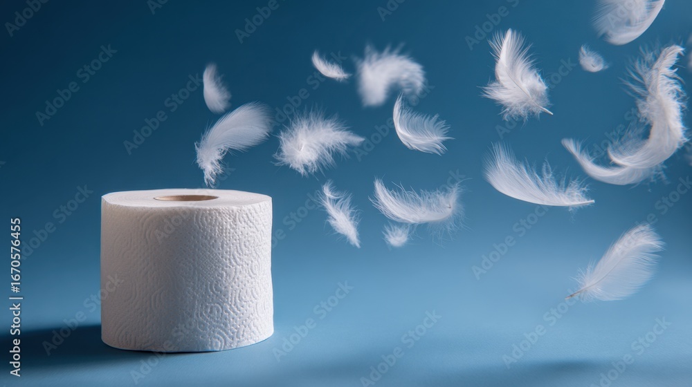 Poster a roll of paper towel sits against a blue background, with white feathers gently floating around it,