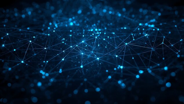 Abstract dark blue digital data and network connection pixel dot and line background for futuristic concept with artificial intelligence technology