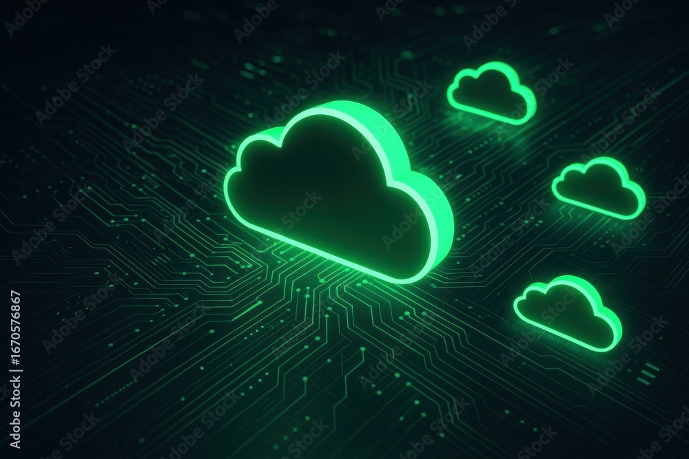 Poster a digital illustration featuring glowing green cloud symbols against a dark background with circuit 